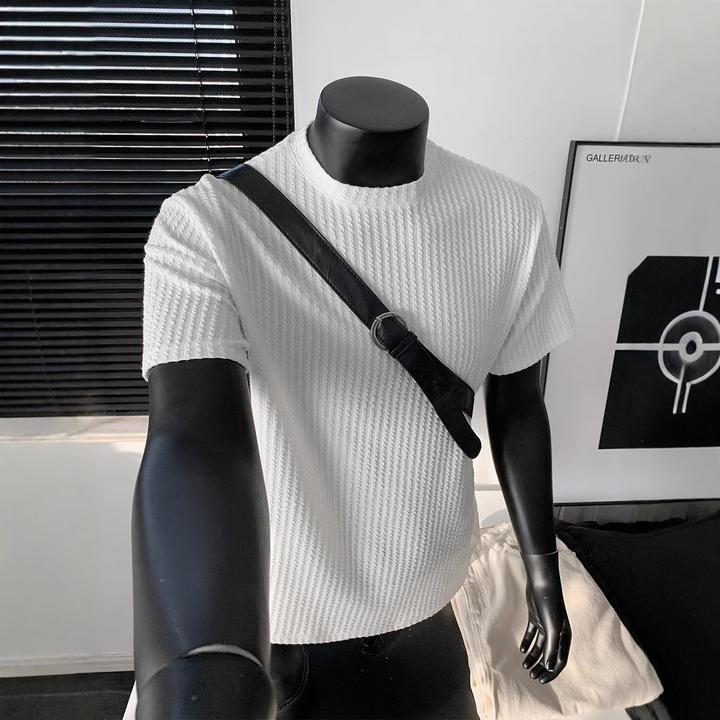 条纹针织男款夏季纯色冰丝小领口百搭潮流T恤上衣男修身ins男士