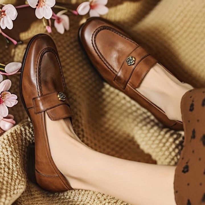 单鞋粗跟纯色胶粘薄款休闲乐福鞋春季棕色皮鞋英伦风圆头