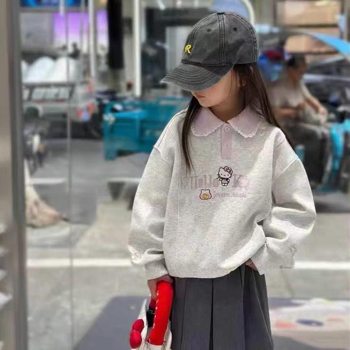 255-「上身巨好看」实体品质重工刺绣蕾丝花边KT猫Polo领卫衣