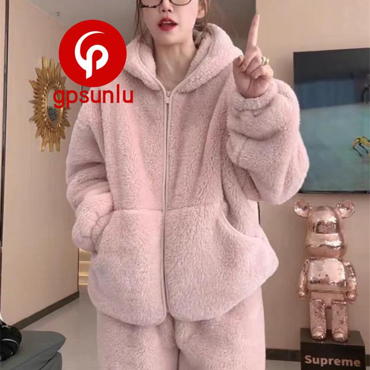 GPsunlu连帽珊瑚绒保暖加厚家居服套装女士休闲慵懒风时尚睡衣