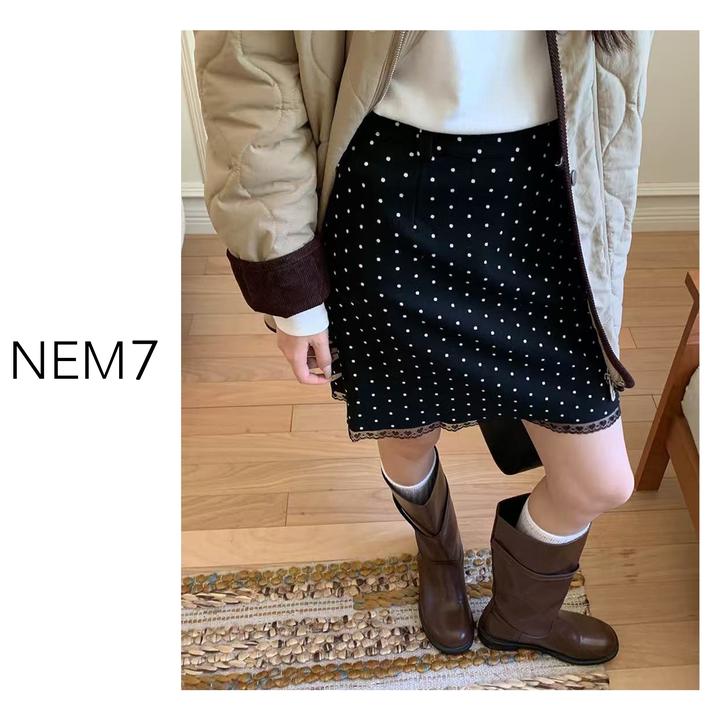 NEM7 时尚短裙波点黑色高腰时装秋冬系扣法式常规半身裙