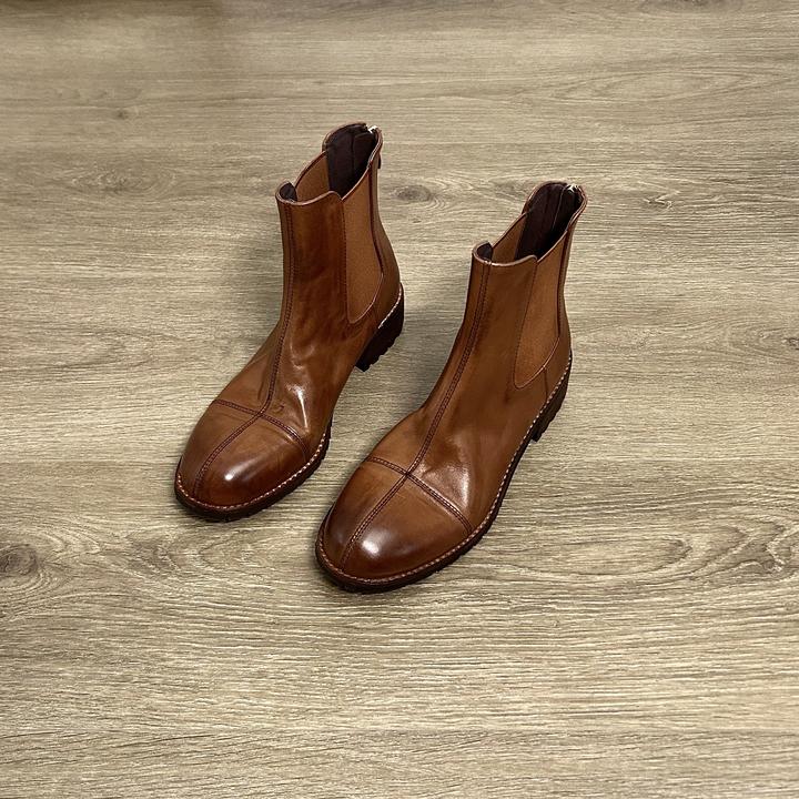 Dannyfrey头层水洗牛皮中跟显瘦圆头女秋冬新款复古切尔西靴3CM