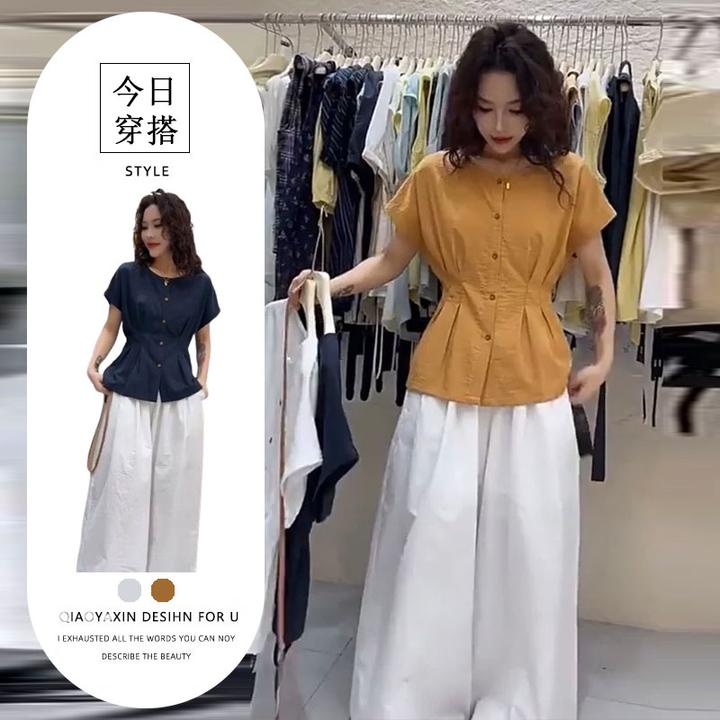 今年流行收腰百搭圆领短袖衬衫女2025夏季新款高腰阔腿休闲裤套装