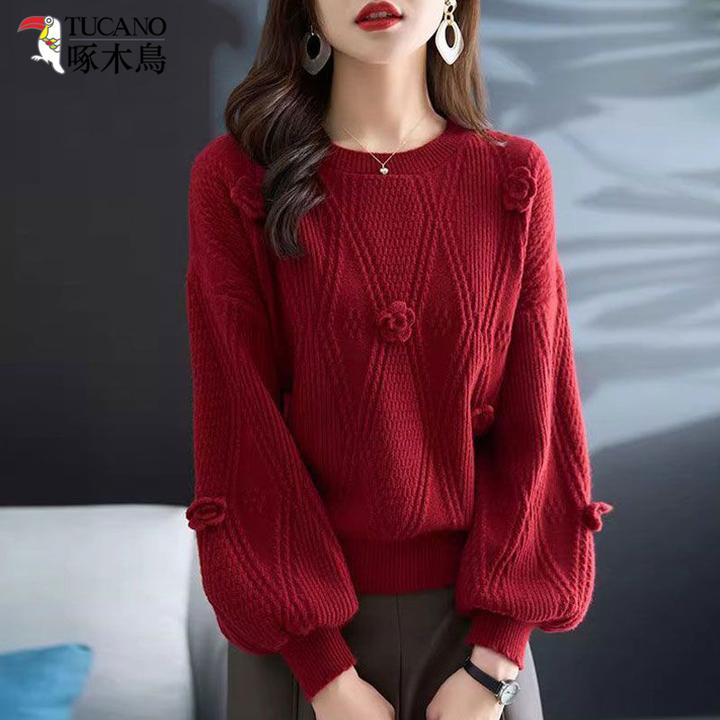 TUCANO/啄木鸟花朵针织衫安可拉红多巴胺显瘦新年圣诞冬红色毛衣