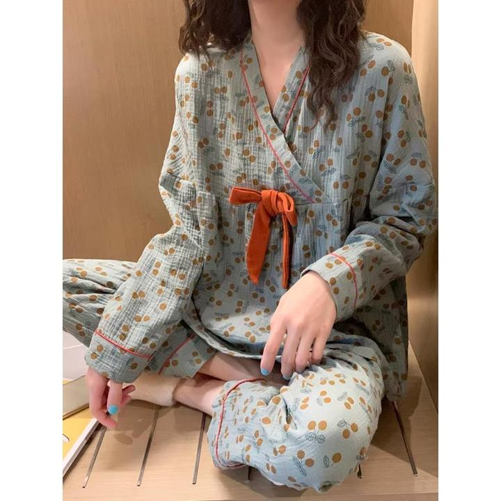 班奈悦~品牌专柜田园风睡衣女复古春秋季仿甜美韩版蝴蝶结可外穿