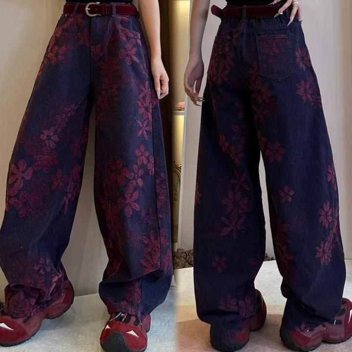 【亿火】秋季水洗牛仔裤休闲宽松美式高腰提花弯刀阔腿裤-88710