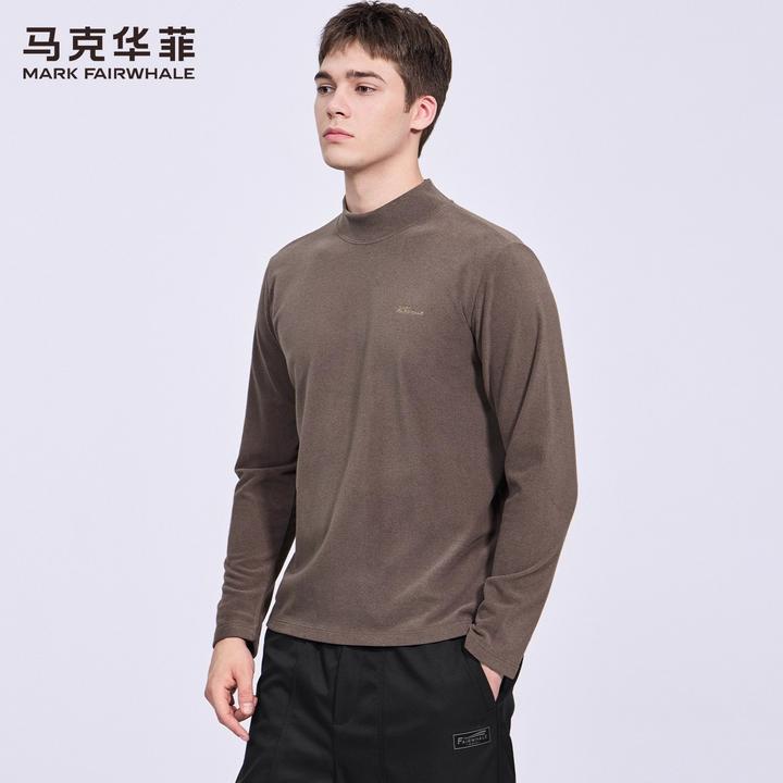 马克华菲磨毛半高领长袖T恤男装2025秋冬新款潮流刺绣保暖打底衫t