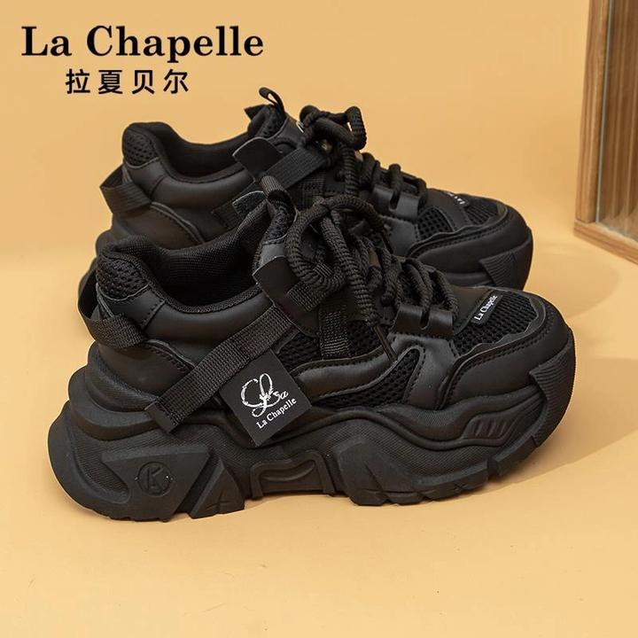 拉夏贝尔女鞋老爹鞋女2025新款春季科二厚底黑色休闲透气运动鞋子