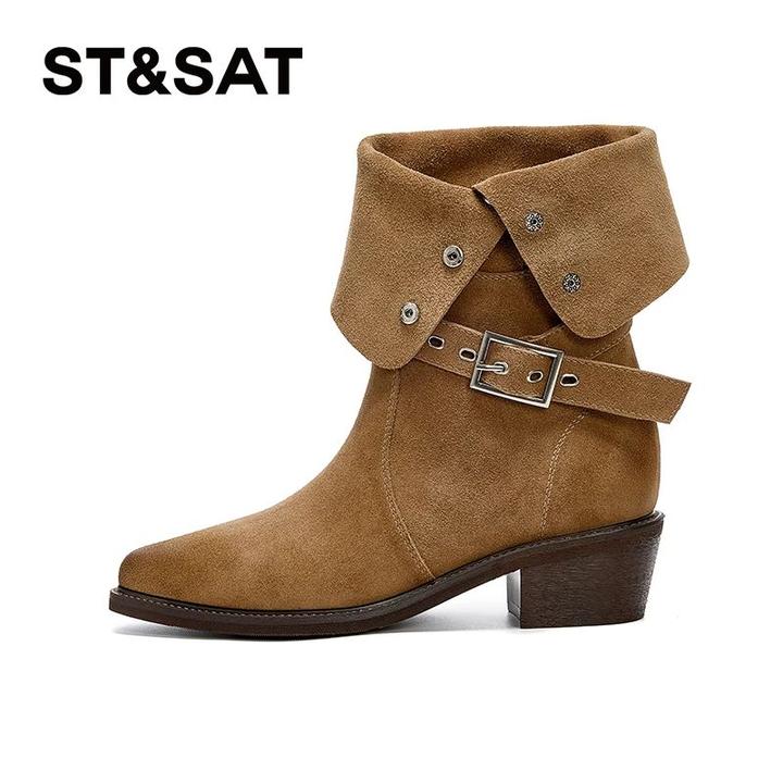 星期六翻折两穿中筒靴女靴2025秋冬新款潮流英伦风尖头粗跟休闲靴