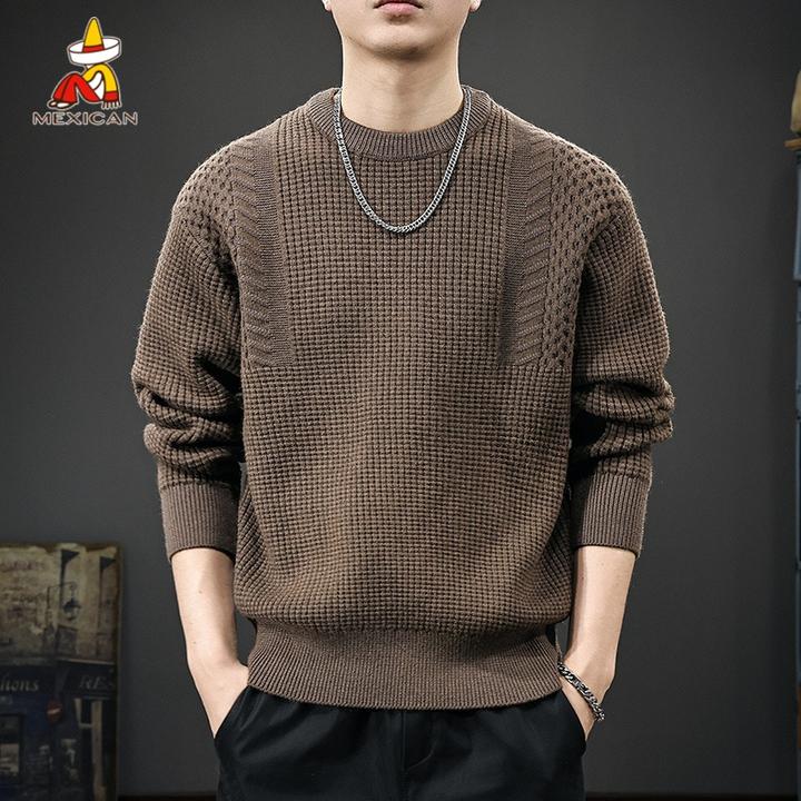 Mexican/稻草人秋冬新款重磅肌理感毛衣男美式复古宽松保暖针织衫