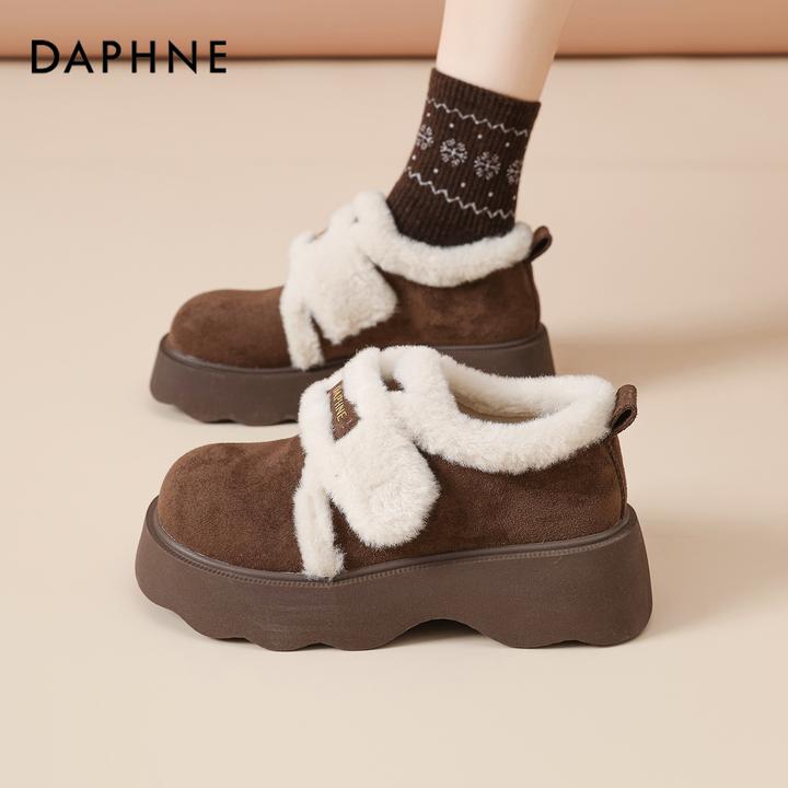 达芙妮加绒乐福鞋女冬季2025新款保暖厚底雪地靴棕色毛毛棉鞋复古