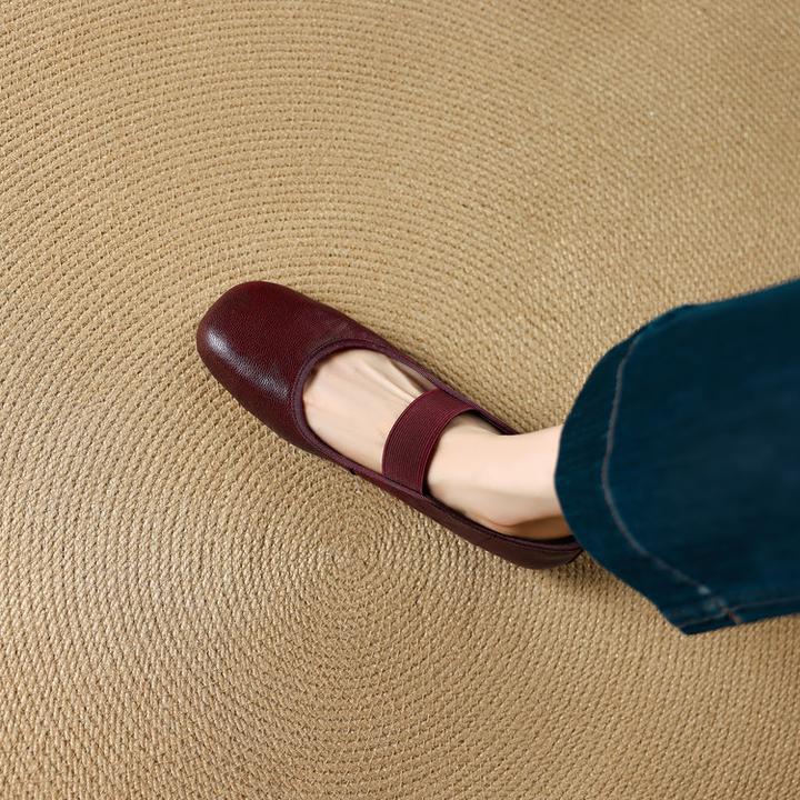 全羊皮~1.5cm酒红色玛丽珍鞋女方头平底鞋女软底舒适浅口单鞋百搭