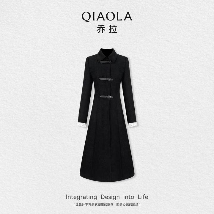 QIAOLA/乔拉【夜与法兰西】秋冬季新款翻领夹棉A字版显瘦百搭连衣裙