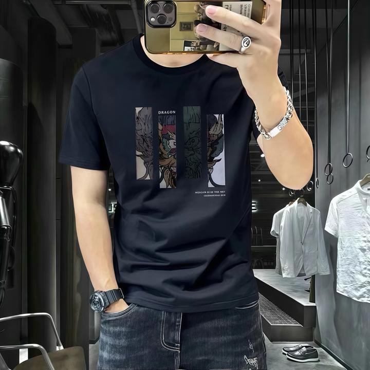 2025国潮新年款男士潮流百搭修身圆领高端弹力休闲短袖T恤