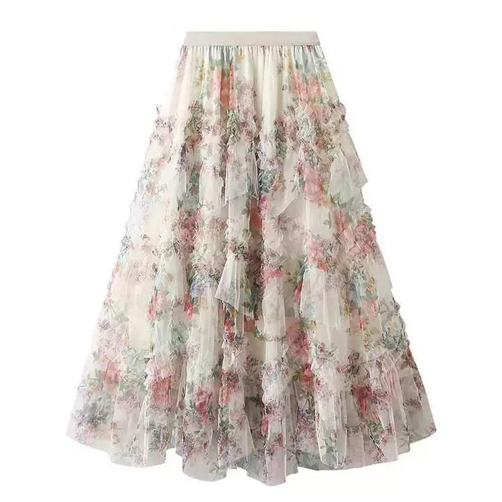 【莫奈花园】不规则裙摆拼接纱裙彩色蛋糕2025新款半身裙网纱长裙