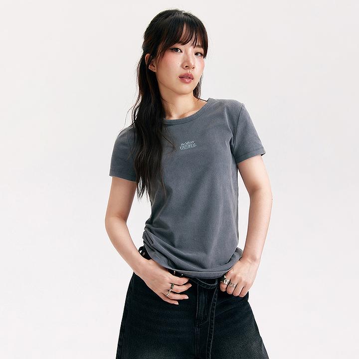 NO ONE ELSE美式复古女装秋季做旧圆领套头短袖上衣字母印花T恤