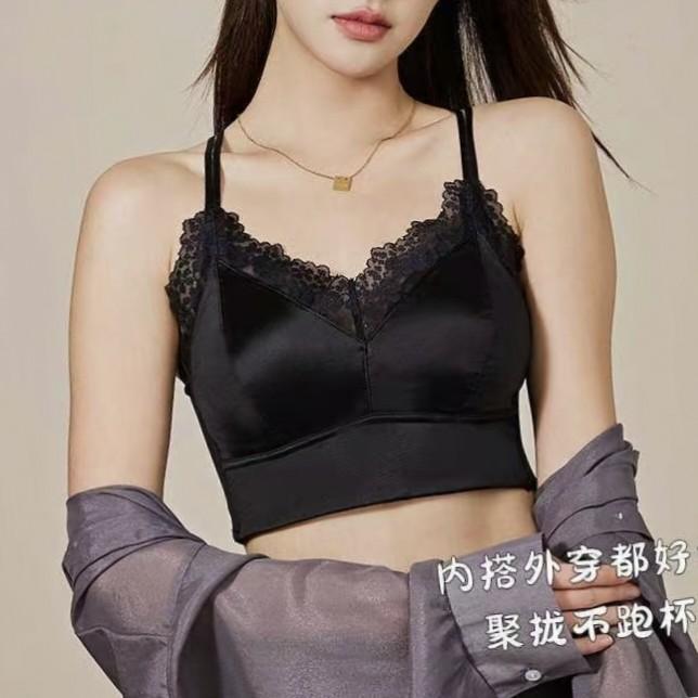 200斤蕾丝纯欲V领抹胸美背交叉双肩带胸垫一体式无痕薄款吊带背心