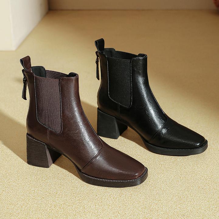 短靴女靴秋冬季新款弹力瘦瘦靴方头高跟鞋粗跟后拉链马丁靴短靴女
