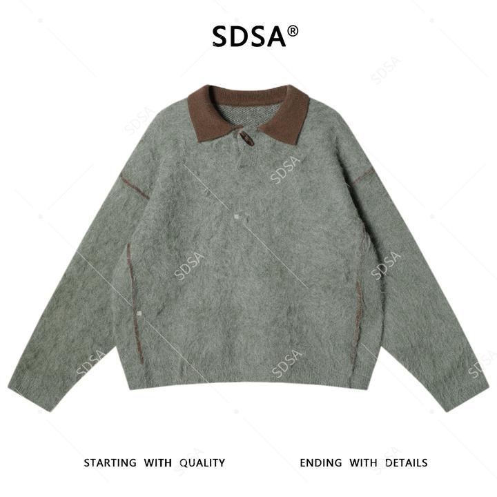 SDSA男士秋冬新款痞帅男装韩版拼接撞色纽扣翻领针织衫毛衣百搭