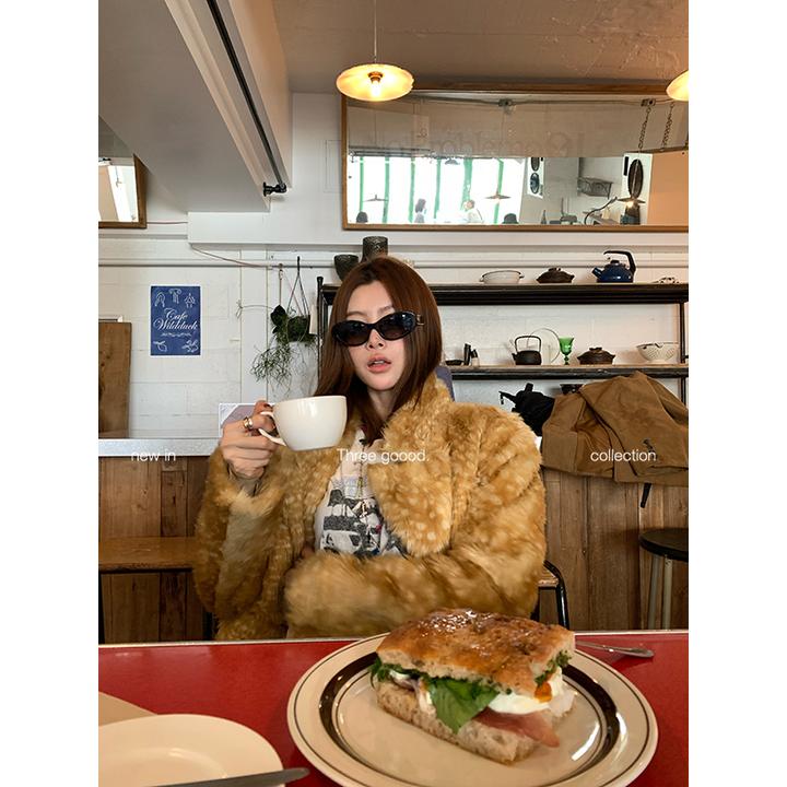 人造皮草 THREE GOOOD/三吉 鹿栖林立领环保皮草短外套Y725T18806