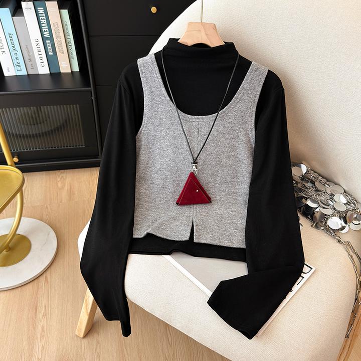 法式复古外搭背心马甲两件套女装春秋2025新款半高领内搭长袖上衣