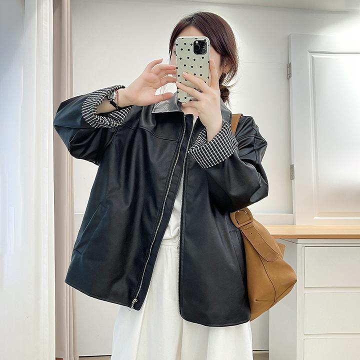 大码女装早秋新款时尚皮夹克外套女宽松显瘦百搭胖mm洋气遮肉上衣