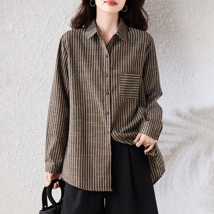 【女神新衣】2025秋季新款宽松显瘦简约长袖经典百搭时尚条纹衬衣