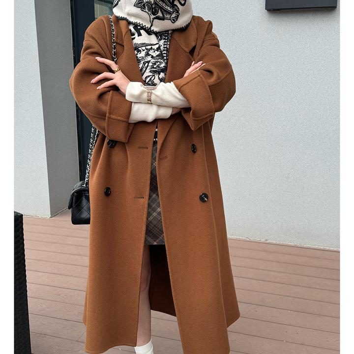 宽松气质长款秋冬百分百双面羊毛大衣网红爆款毛呢外套  85029