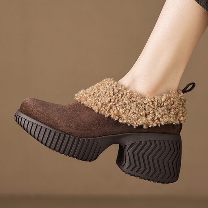 真皮复古厚底高跟鞋粗跟毛毛鞋子防水台冬季单鞋加绒深口乐福鞋女