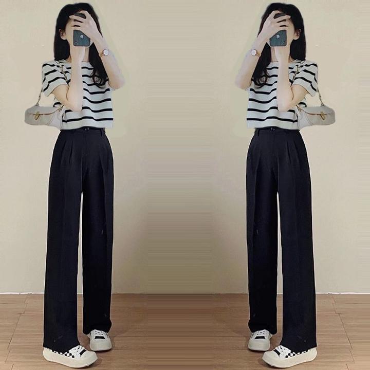 时尚套装女宽松小个子减龄条纹T恤一整套穿搭高腰阔腿裤两件套潮