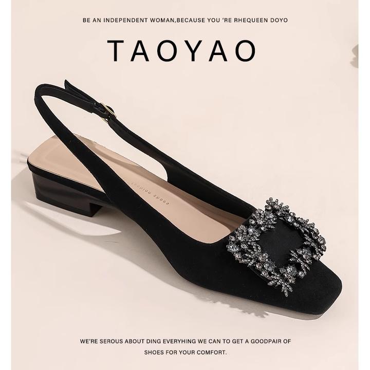 黑色水钻方头粗跟凉鞋女2025新款气质软底百搭舒适通勤低跟高跟鞋