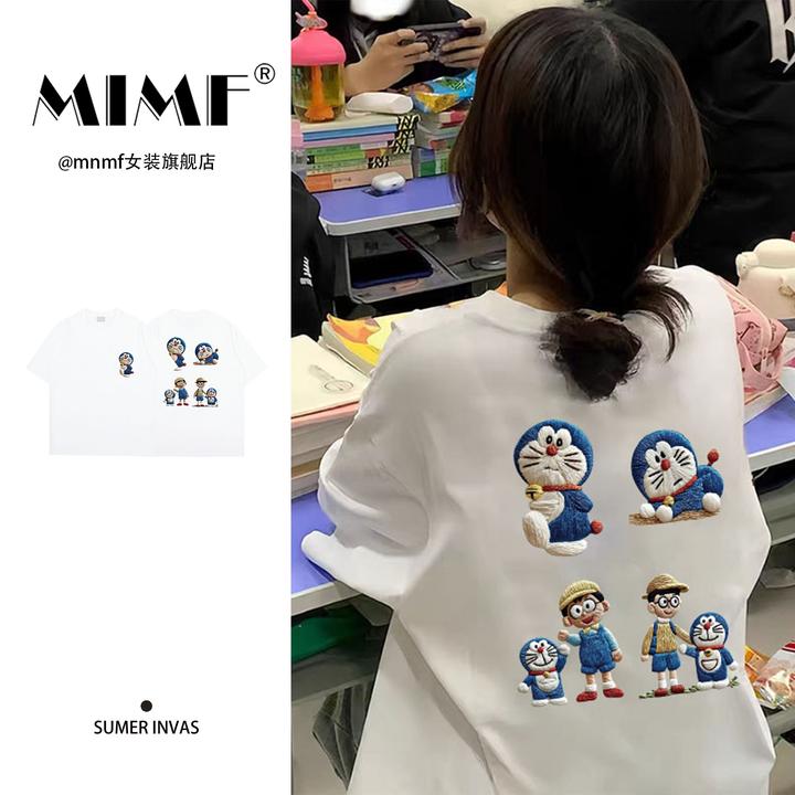mnmf【仿刺绣印花】重磅纯棉休闲短袖T恤女装韩版街头宽松显瘦上衣