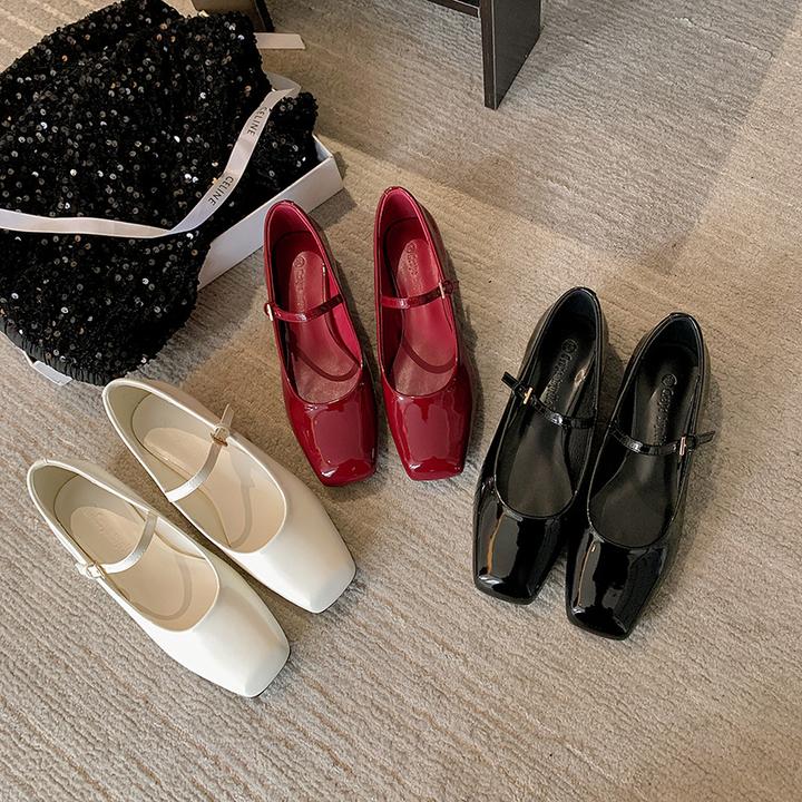 牛皮版法式复古方头一字扣玛丽珍女鞋漆皮平底仙女风芭蕾浅口单鞋