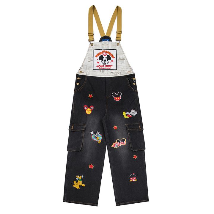 美式复古休闲潮流宽松卡通刺绣米奇贴标时尚拼色牛仔背带裤少女风