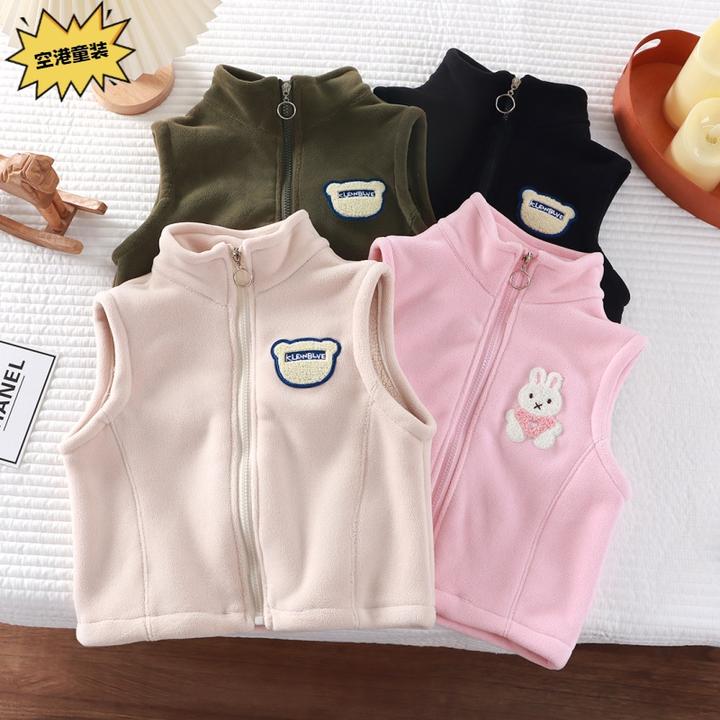 儿童新款奥粒绒开衫刺绣马甲加绒外穿洋气加厚保暖立领秋冬季坎肩