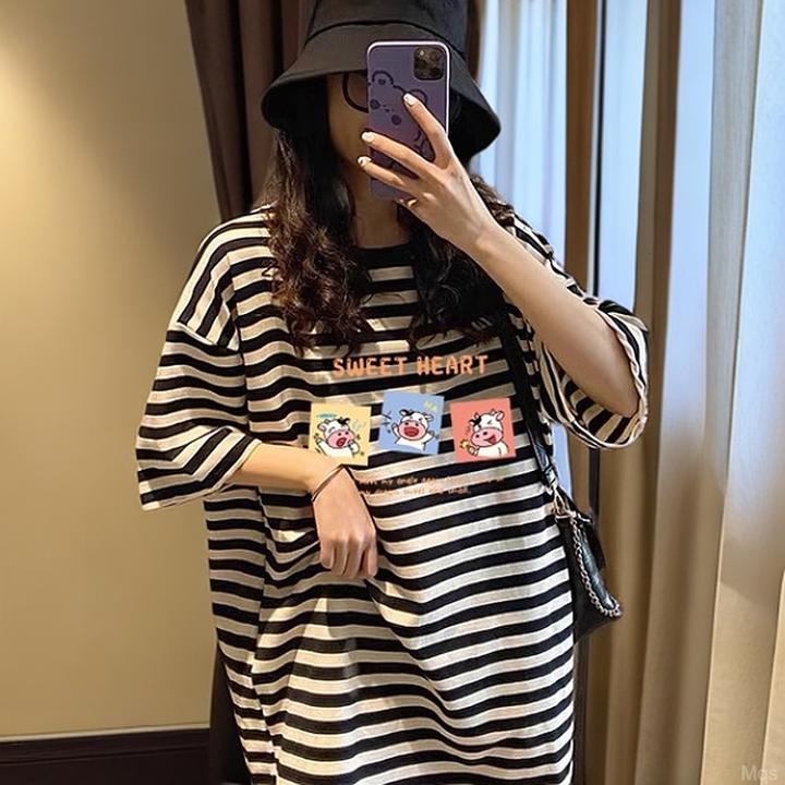 中长款条纹短袖t恤女夏季连衣裙宽松胖妹妹大码女装时尚上衣半袖