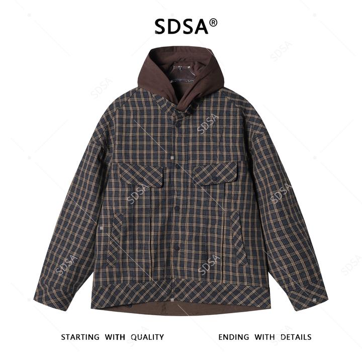 SDSA男士秋冬新款痞帅男装美式撞色格子拼接连帽衬衫宽松时尚衬衣