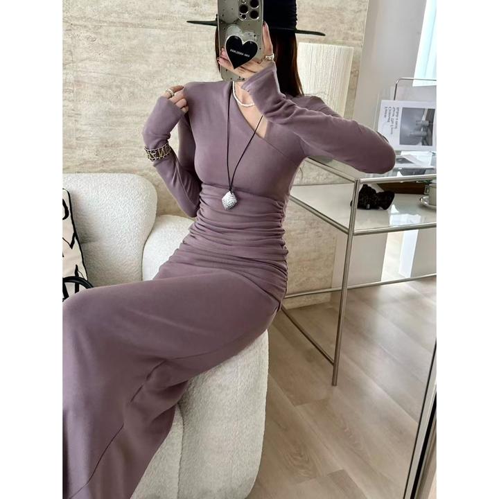 SP【奥黛丽的周末】不规则领纯欲长袖打底衫内搭女半身裙两件套套装