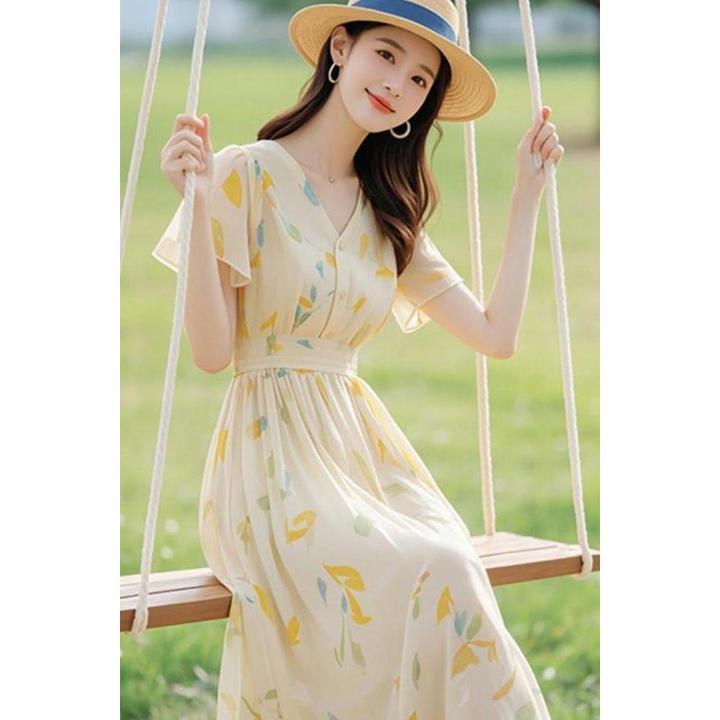 2025春夏新款女装温柔约会雪纺连衣裙女夏季今年流行收腰海边度假