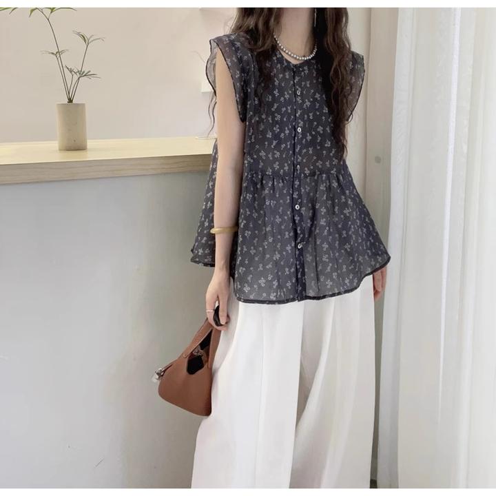 大码胖mm法式碎花小飞袖衬衫女夏季薄款天丝遮肉无袖圆领小衫上衣