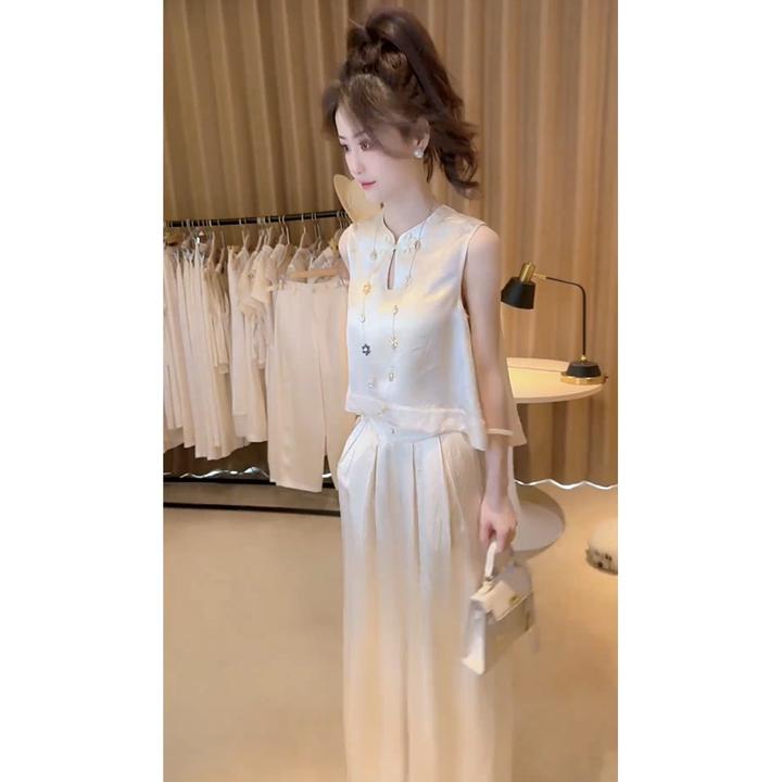 2025超火夏装大方得体轻奢高级感女人味新中式国风气质白色套装裤
