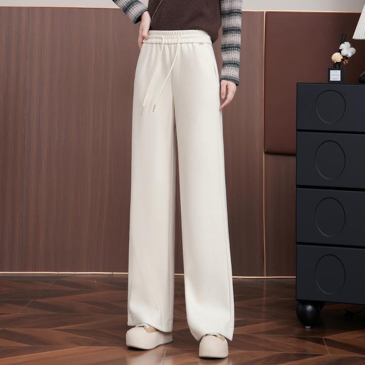 毛呢休闲直筒裤女2025秋冬新款松紧腰抽绳显瘦宽松垂感加厚阔腿裤