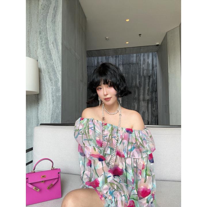 高温妮【莫奈花园】法式一字肩印花气质显瘦宽松上衣夏季5e52446