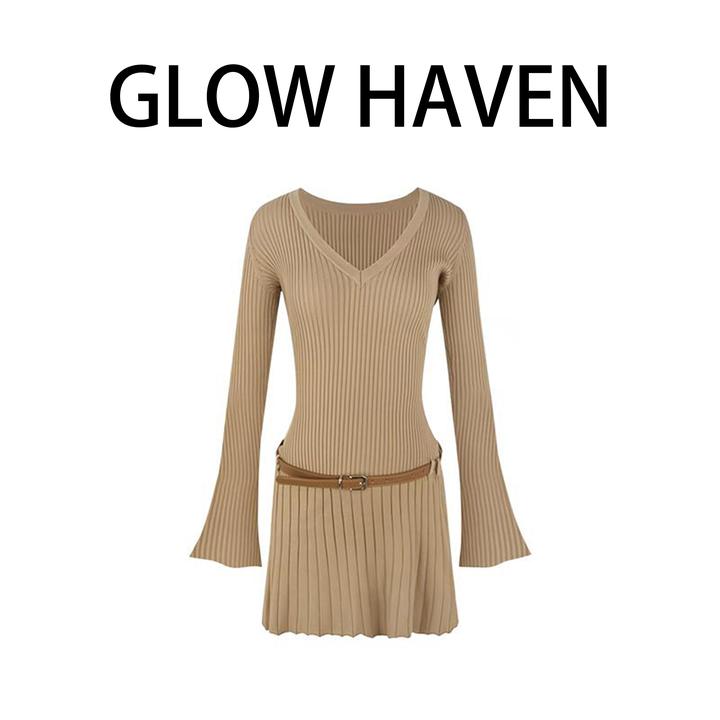 针织裙女秋季新款长袖微喇纯色时尚百搭复古气质修身百褶连衣裙