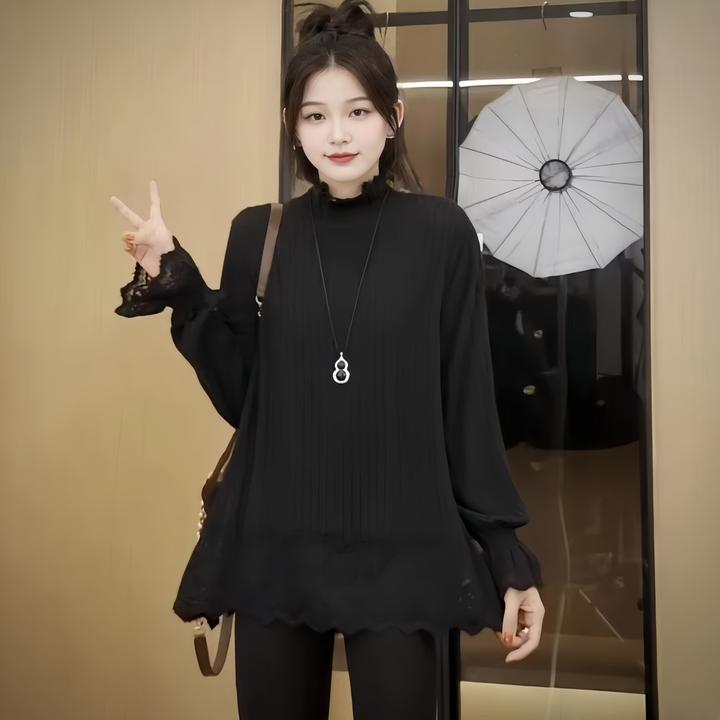 半高领加绒蕾丝打底衫2025冬季大码胖MM褶皱小众设计感高级感上衣