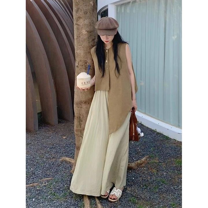 夏日女性时尚自在法式浪漫不规则款式百搭裙装与上衣背心套装