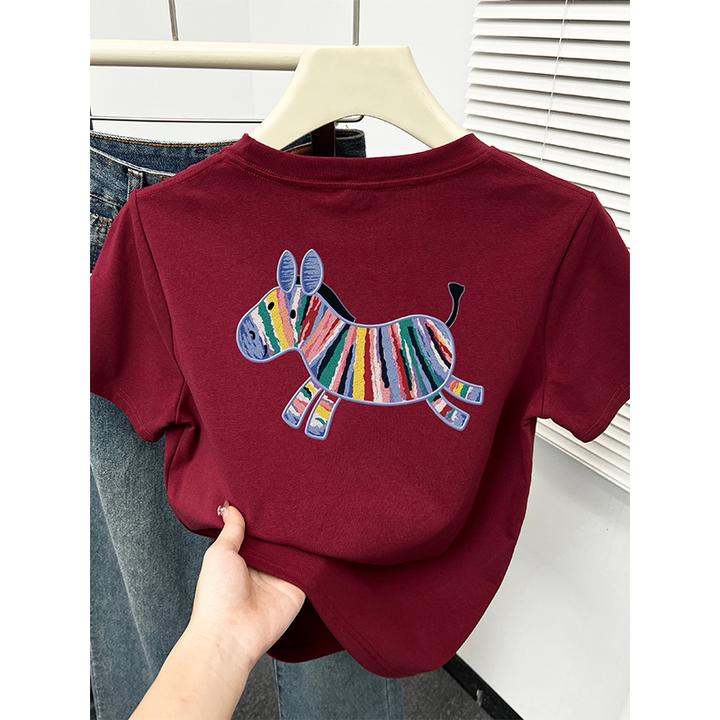 彩虹马卡通印花短袖t恤女春装新款韩版时尚休闲洋气别致显瘦上衣