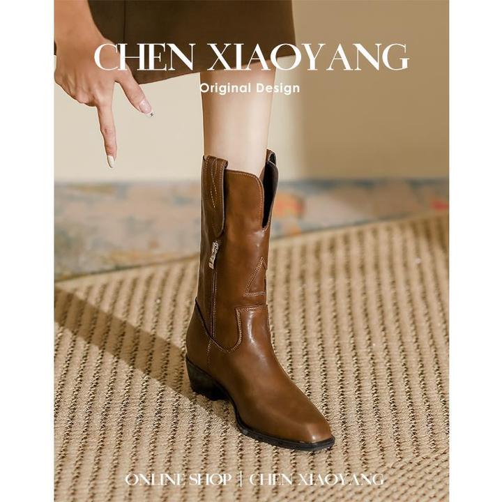 同款百搭鞋子真皮复古中筒靴做旧V口方头机美拉德靴子