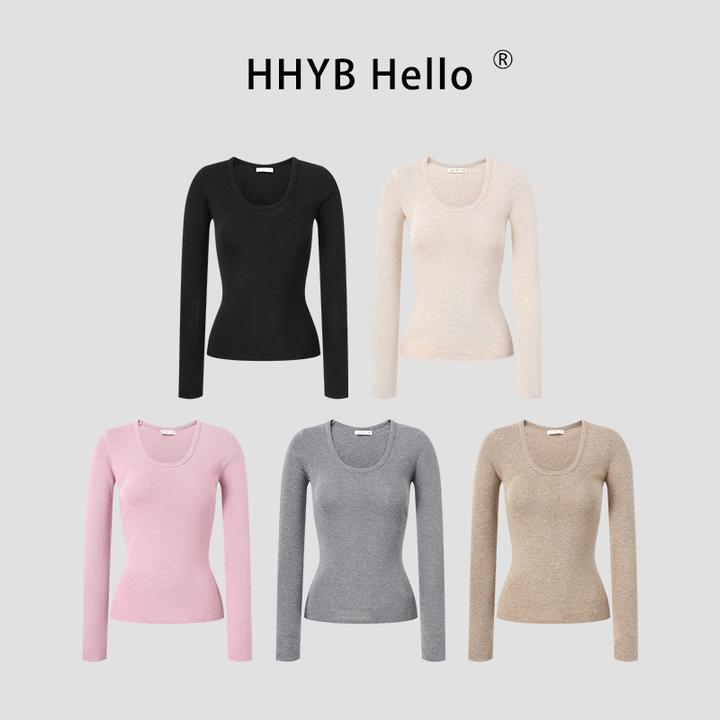 HHYB Hello2025秋U领温柔风纯色简约基础百搭显瘦内搭打底M1250