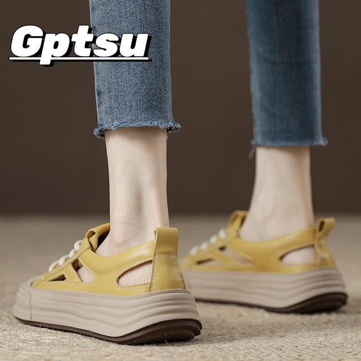 GPTSu女真皮包头不露脚趾罗马凉鞋女款全牛皮新款厚底运动洞洞鞋